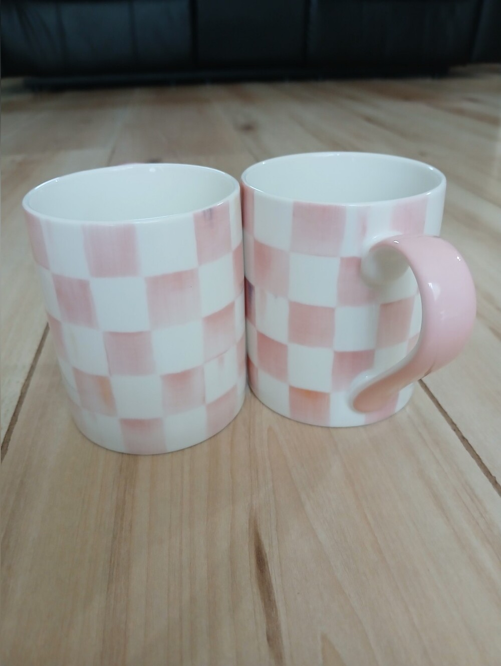 MacKenzie-Childs Rosy Check Set Of Two Mugs Brand New